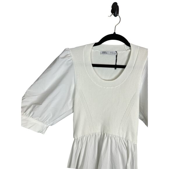 Zara NWOT White Short Puff Sleeve Scoop Neck Midi Fit Flare Dress Size Medium - Picture 2 of 7